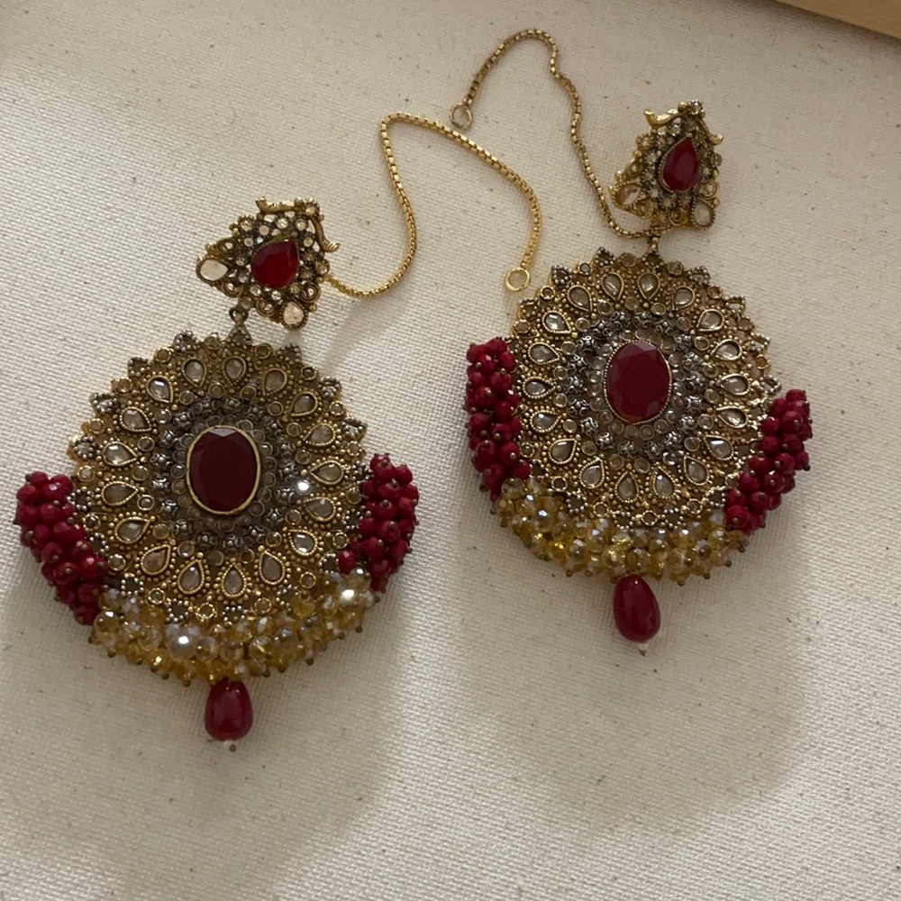 Ethnic Punjabi Indian Pakistani Red Bridal Jhumka earrings Jhumki Chandbali boho